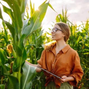 Farmer woman stands in field, inspects green corn plantation. Agricultural industry. Harvest care.